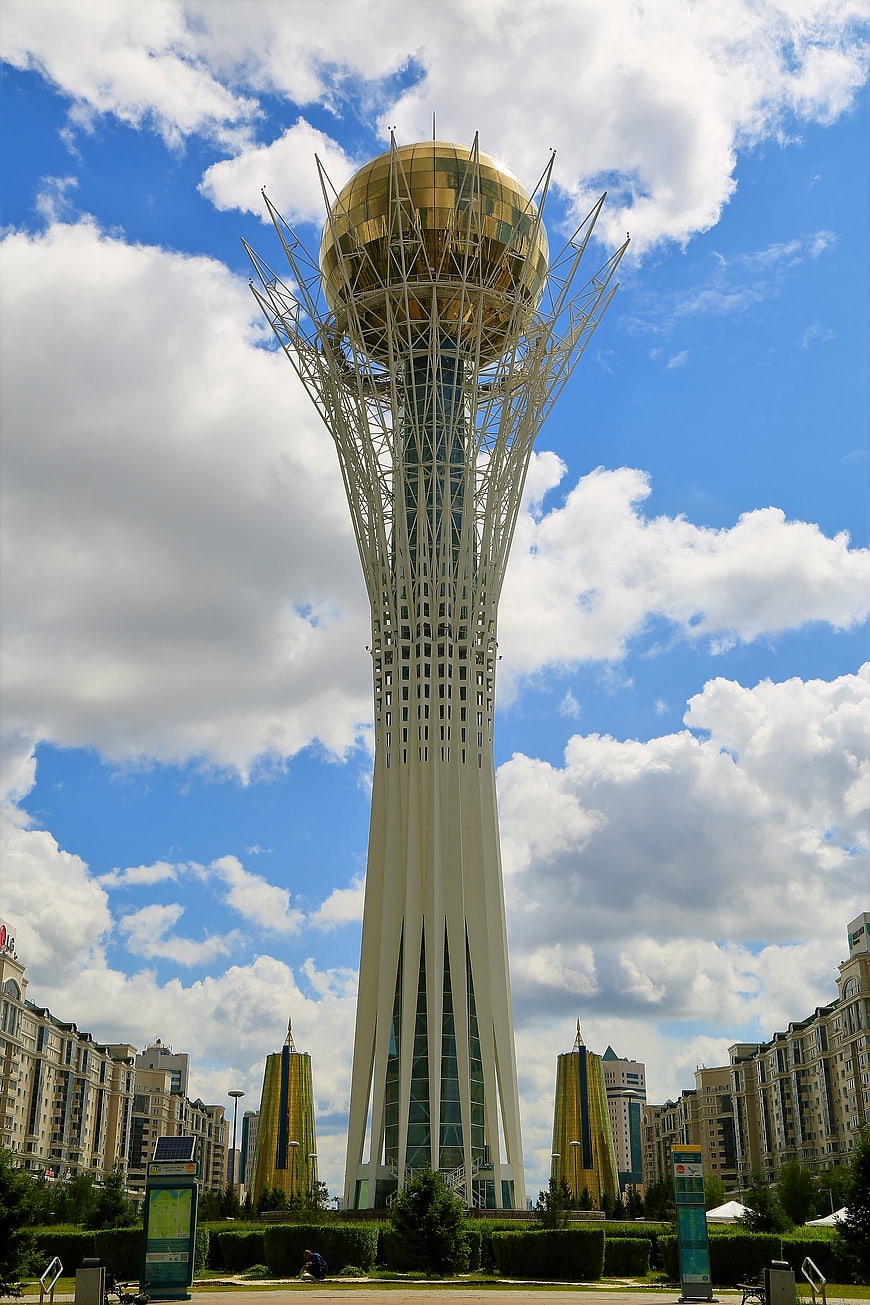 Bayterek Tower in Astana, Kazakhstan with blue sky and clouds