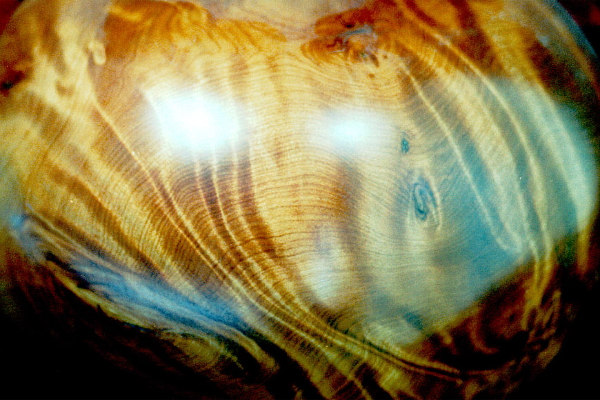 Close-up of polished wood grain texture with shiny reflection