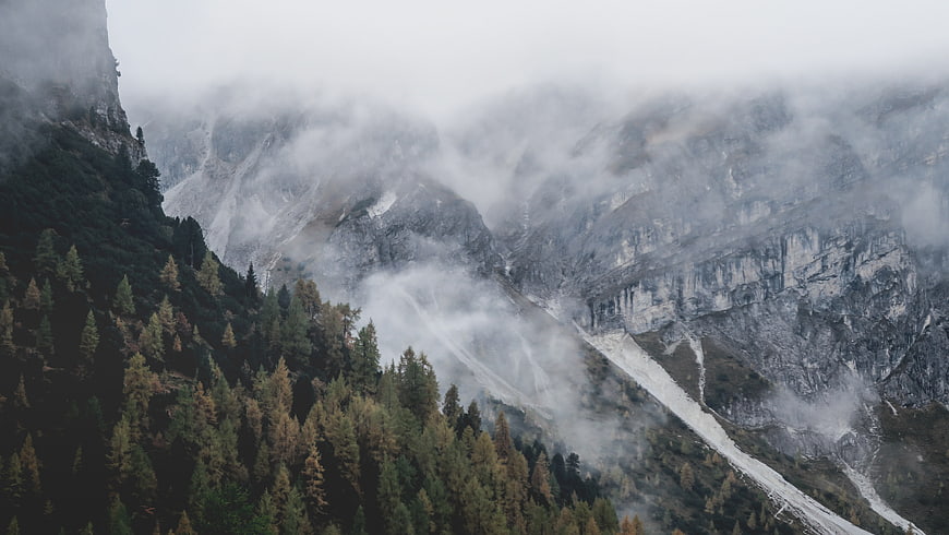 Misty Mountain Valley with Autumn Forest and Fog
