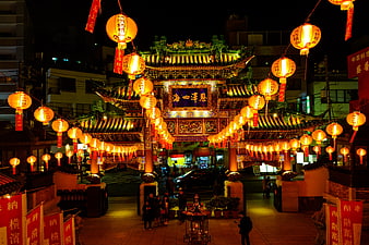Yokohama Chinatown Night Scene With Traditional Chinese Lanterns