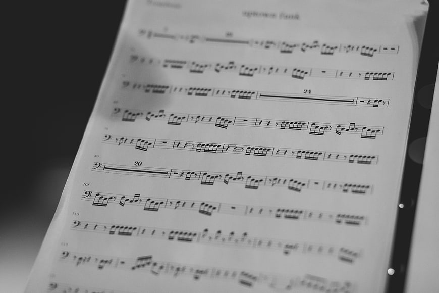 Close-up of sheet music on a digital tablet screen