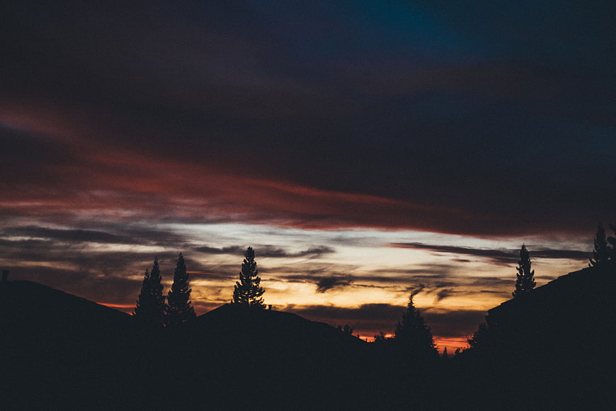 Dramatic sunset silhouette of pine trees on mountain ridge