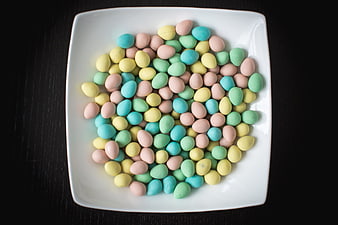 Pastel Easter Candy Eggs on White Square Plate