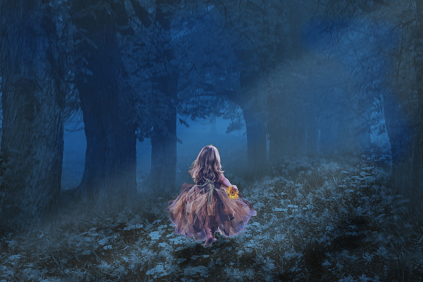 Little girl in tulle dress walking through misty blue forest