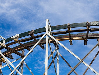 Wooden Rollercoaster Tracks Against Blue Sky