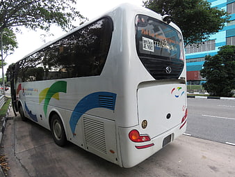 Rear View Of White Tour Bus Parked On Urban Street