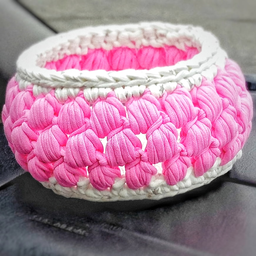 Handmade Pink and White Crochet Tassel Basket