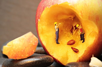 Miniature construction workers inside hollowed apple core