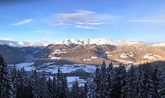Snowy mountain landscape with pine forest and blue sky