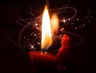 Red Candle Flame With Magical Sparkles And Starbursts On Black Background