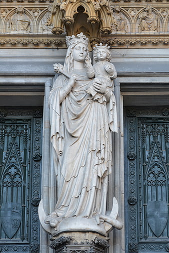 Gothic Stone Statue of Madonna and Child on Cathedral Facade