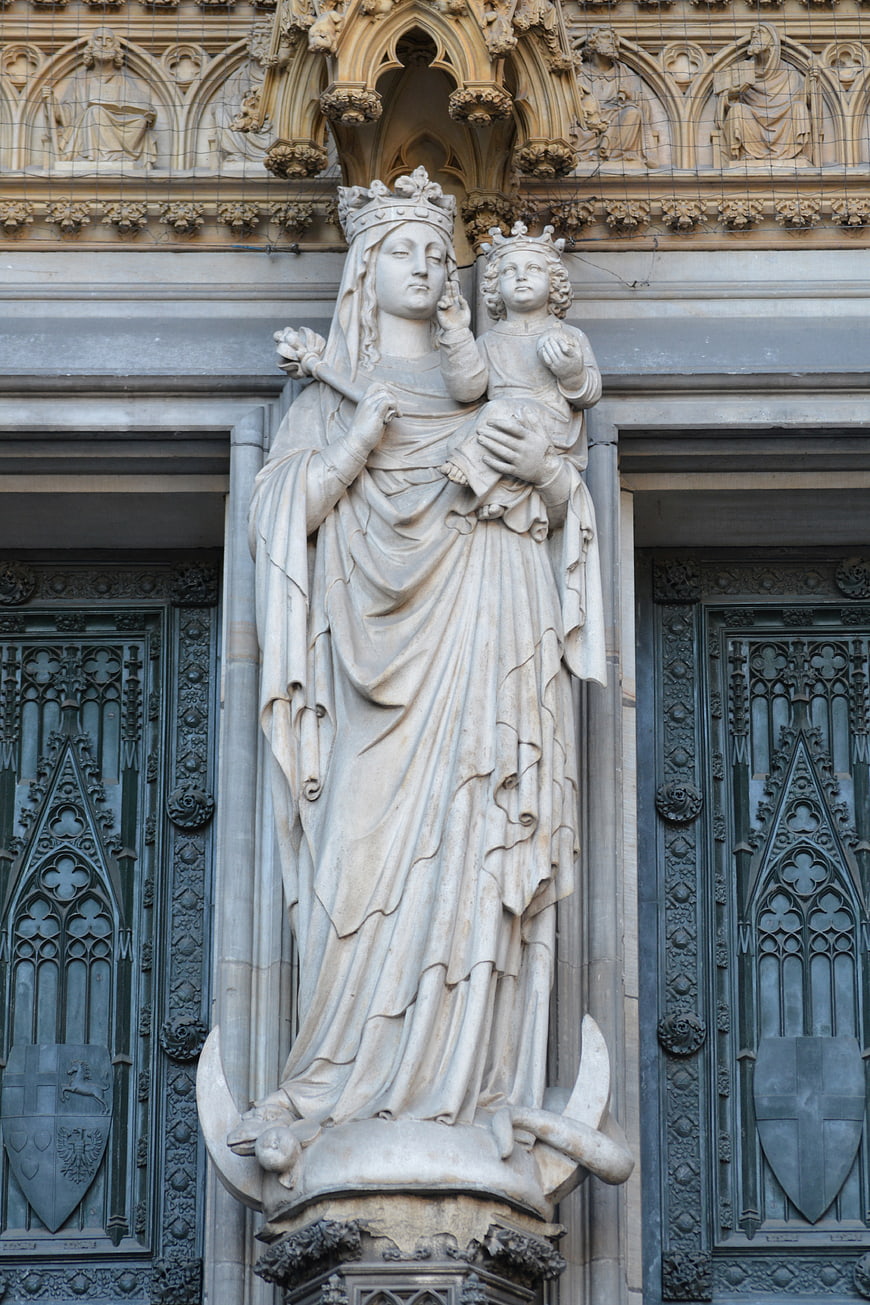 Gothic Stone Statue of Madonna and Child on Cathedral Facade