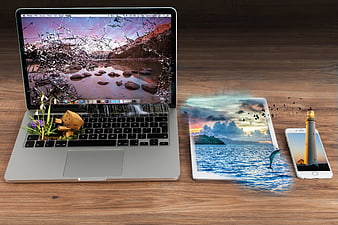 Digital art collage of laptop, tablet, and smartphone with nature scenes