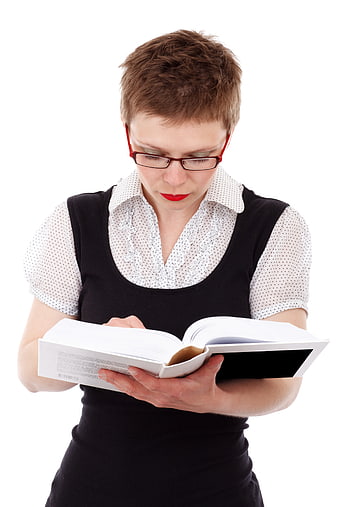 Woman with Glasses Reading a Book on White Background