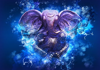 Ganesha statue with electric blue energy and lightning effects