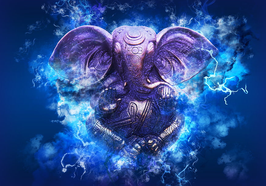 Ganesha statue with electric blue energy and lightning effects
