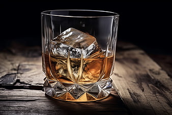 Whiskey on the Rocks in Crystal Glass on Rustic Wood