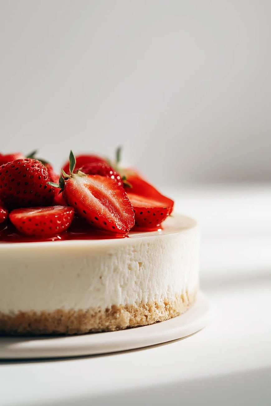 Fresh Strawberry Cheesecake Close-Up on White Background