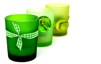 Green Glass Candle Holders With Gingham Ribbon On White Background