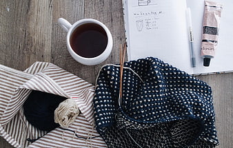 Cozy Knitting Flat Lay with Coffee and Notebook