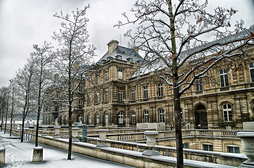 Snowy Winter View of Palais du Luxembourg in Paris