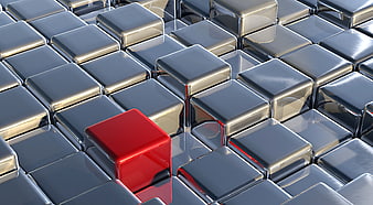 Red Cube Among Silver Metallic Cubes 3D Render