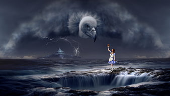 Surreal fantasy woman feeding giant vulture cloud over stormy sea