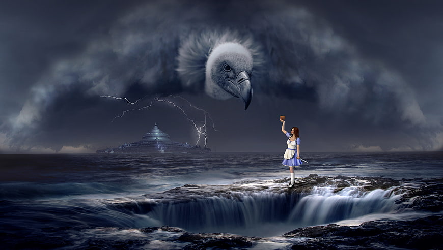 Surreal fantasy woman feeding giant vulture cloud over stormy sea