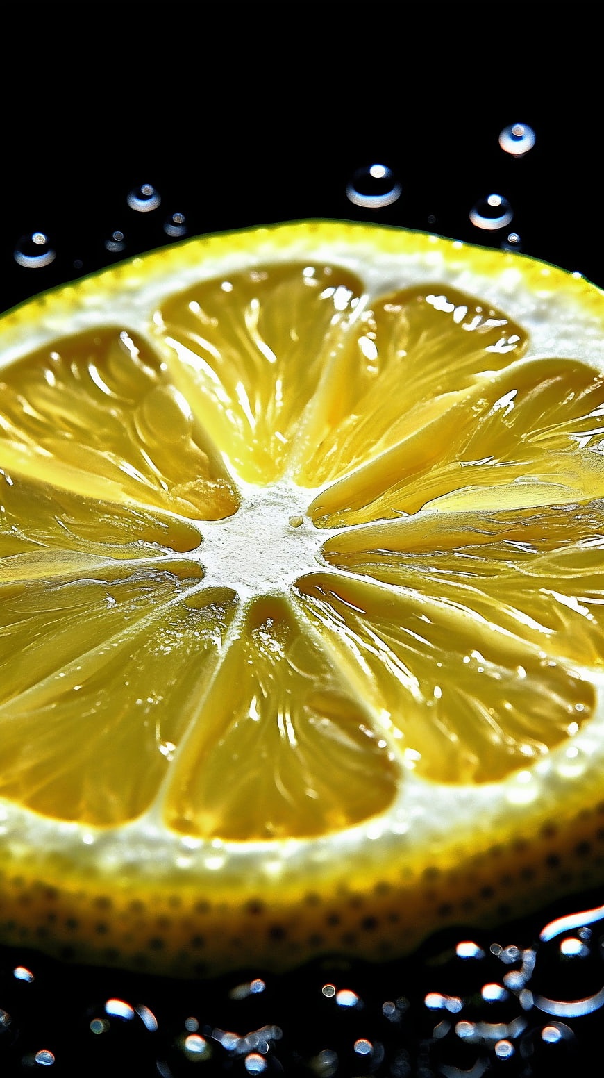 Macro Close-Up of Fresh Lemon Slice with Water Drops
