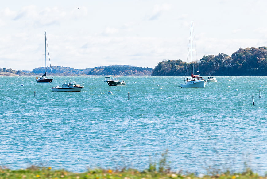Sailboats and motorboats anchored in calm blue harbor water