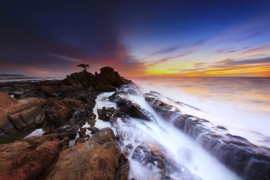 Dramatic Sunset Over Rocky Coastline with Silhouetted Tree