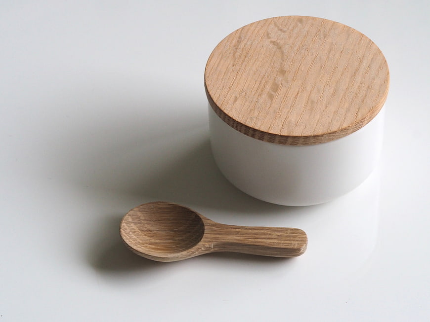 Minimalist White Jar with Wooden Lid and Spoon