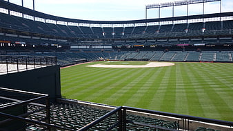 Empty baseball stadium with manicured green field and grandstands