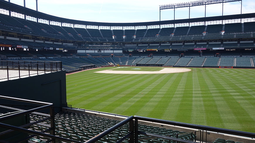 Empty baseball stadium with manicured green field and grandstands