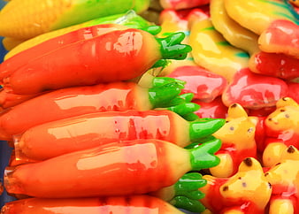 Colorful Carrot and Bear Shaped Gummy Candies Close Up