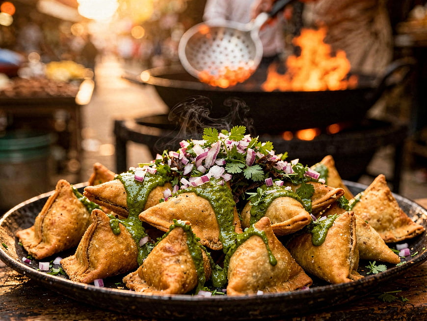 Crispy Samosas with Green Chutney and Onions