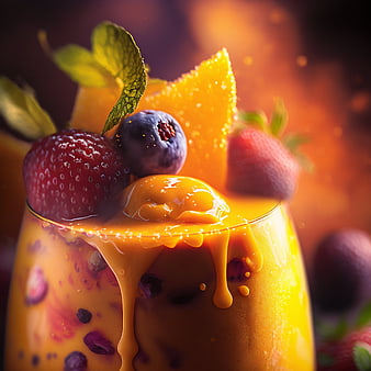 Vibrant fruit smoothie with berries and orange garnish
