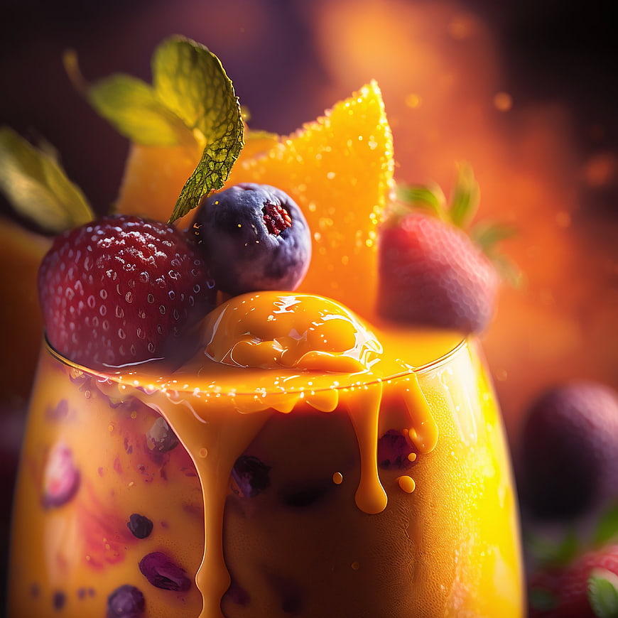 Vibrant fruit smoothie with berries and orange garnish