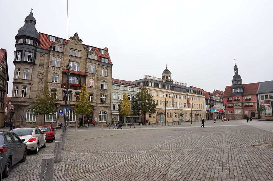 Wide cobblestone square in Eisenach, Germany with historic buildings
