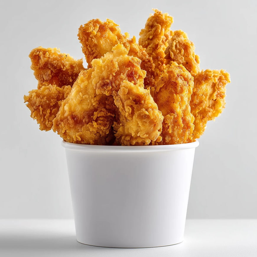 Crispy Fried Chicken Tenders in White Paper Cup