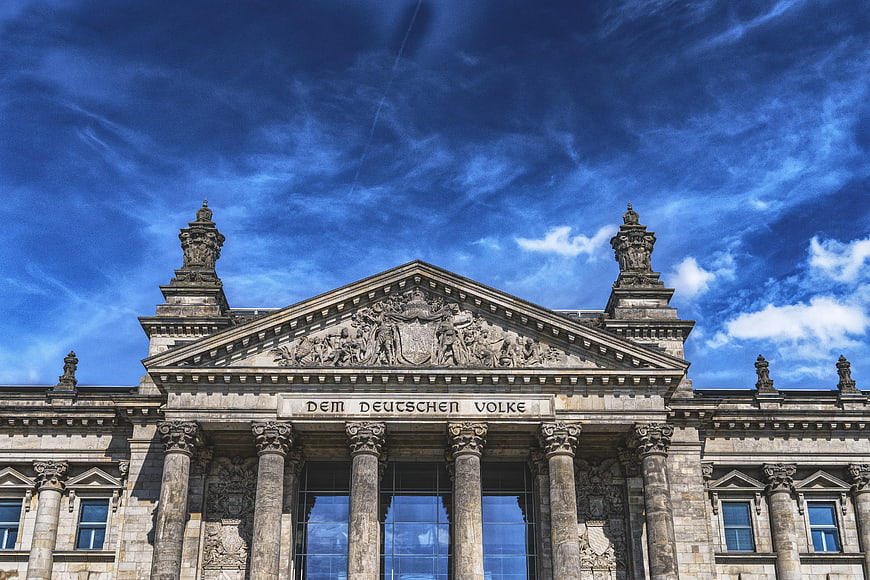 Reichstag Building Berlin Facade with Dramatic Blue Sky