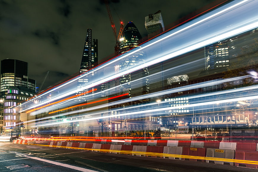 London City Skyline with Long Exposure Traffic Light Trails