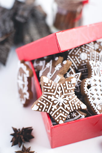 Traditional Christmas gingerbread cookies in a red gift box