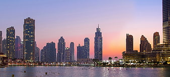 Dubai Marina Skyline At Dusk With Water Reflections