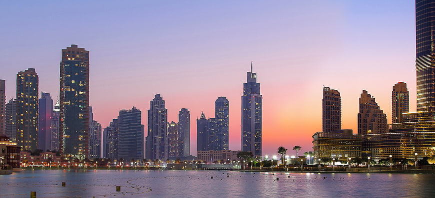 Dubai Marina Skyline At Dusk With Water Reflections