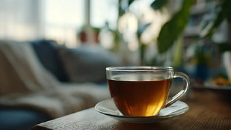 Glass Cup of Herbal Tea on Wooden Table with Blurred Background