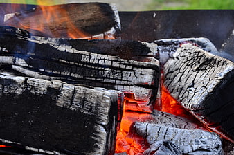 Close-up of burning charcoal logs with glowing embers