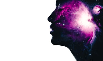 Silhouette of woman's profile filled with purple galaxy and stars