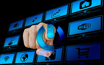 Hand Pressing Digital Power Button on Virtual Interface