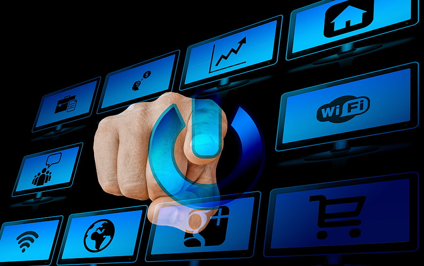 Hand Pressing Digital Power Button on Virtual Interface